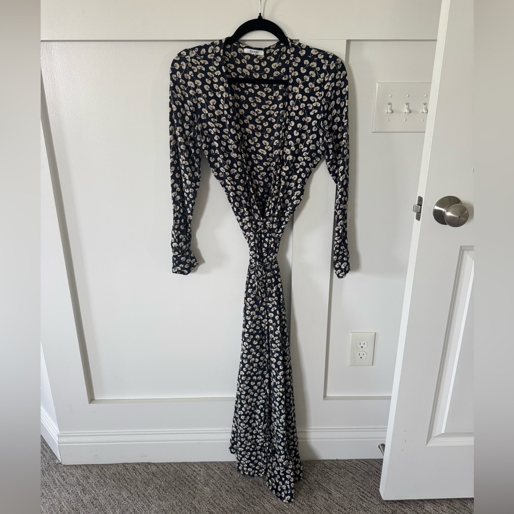 Ganni Navy and Cream Floral Long Sleeve Wrap Dress